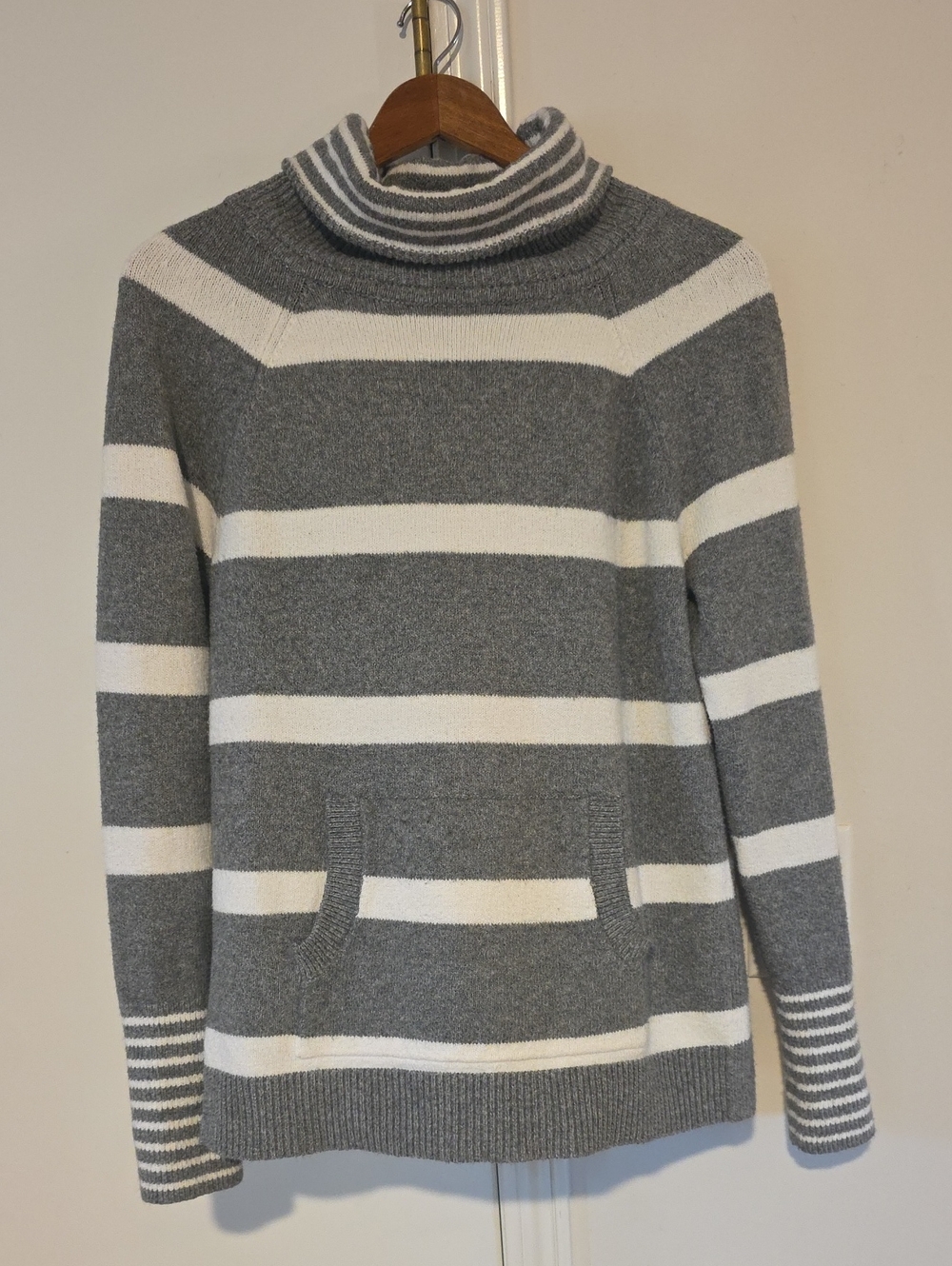 LOFT Gray and White Striped Turtleneck Sweater